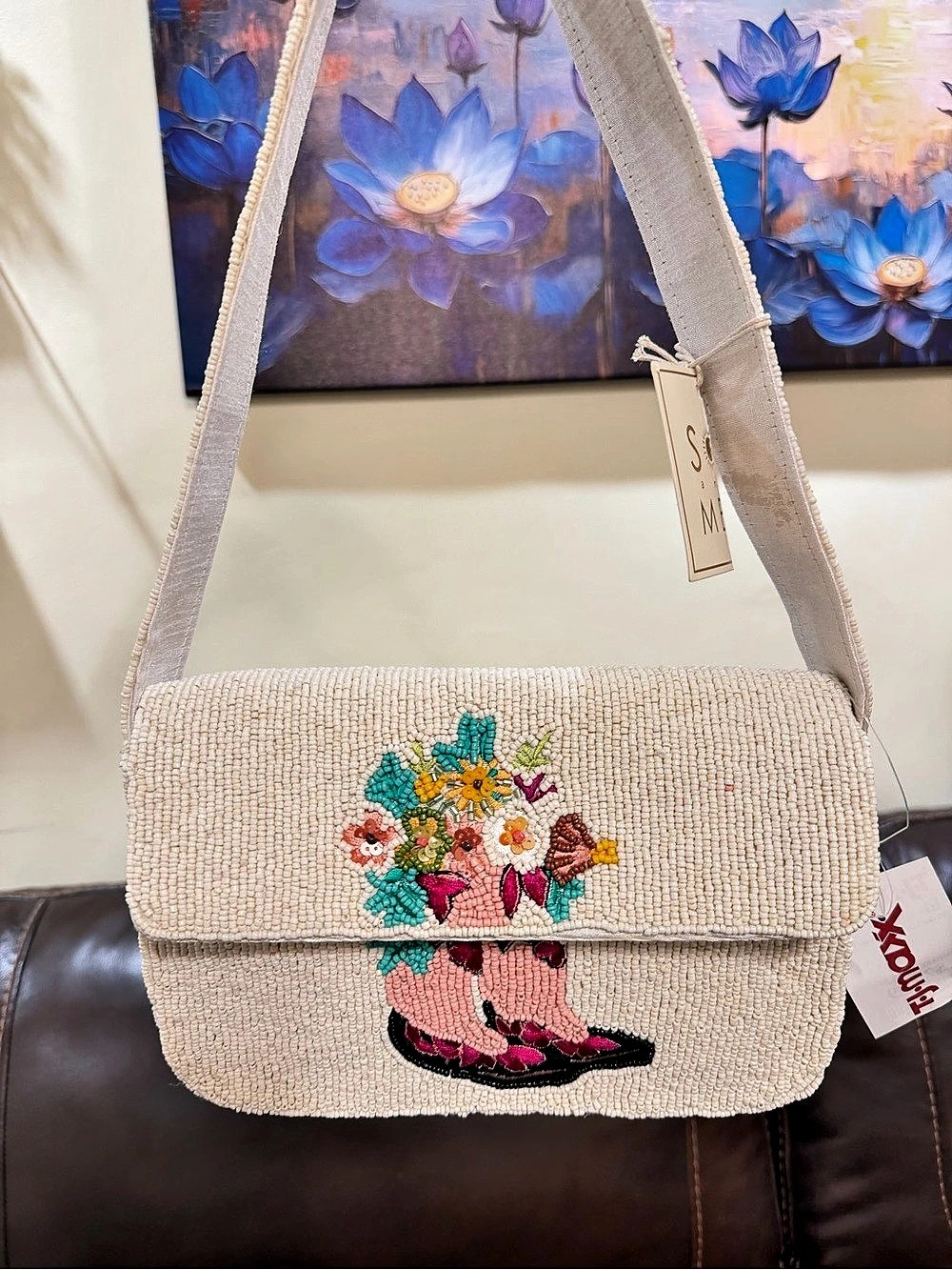 Viral Beaded Cowboy Boots Floral Western Shoulder Bag in Cream NWT